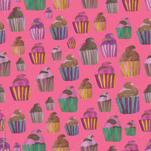 vectoriel cupcakes colorées dessinées à la main avec des marqueurs à encre alcool, motif repété, parfait pour papier d'emballage, invitations, thé de cuisine, assiettes en papier, serviettes