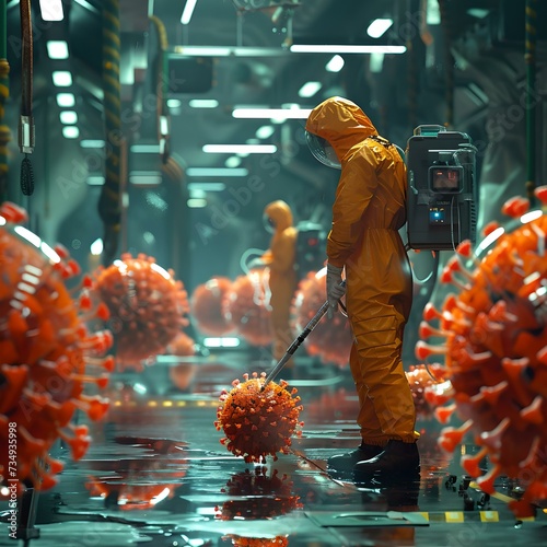 Worker in hazmat suit sanitizing against virus in a high-tech facility. futuristic decontamination scene. safety and protection in industry. AI photo