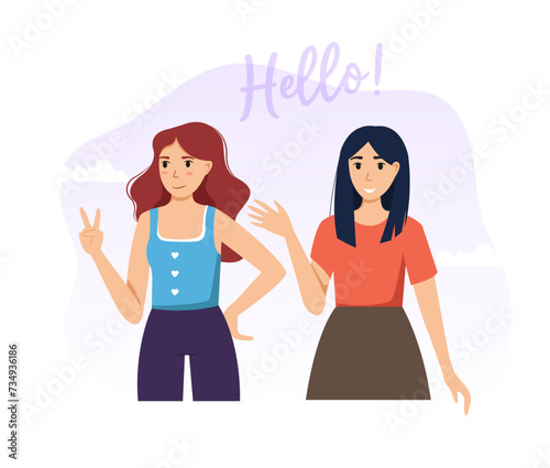 Happy smiling girls greeting wave hand flat illustration woman cartoon character style