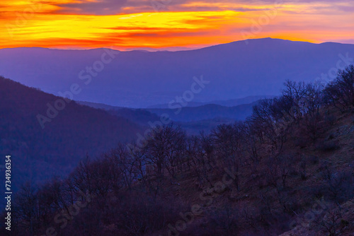 Fototapeta Naklejka Na Ścianę i Meble -  Beautiful natural landscape on sunset with mountains