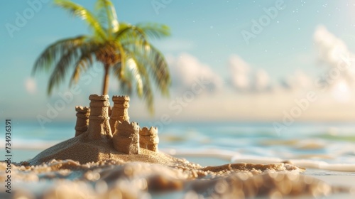 A simple sand castle on the ocean. A palm tree is visible behind