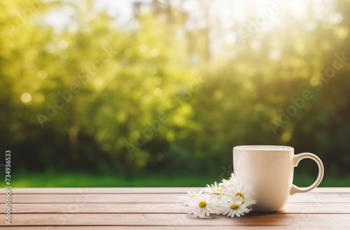 a white mug with daisies sitting on top of a table with grass on top