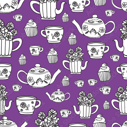 Motif répété tasses et théières style illustration vintage en fond violet