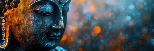 close-up of the head of a buddha figurine, old bronze with shimmer, blurred background with bokeh, empty space for text, yoga relaxation banner photo