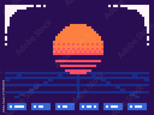 Pixel Art Tiny Illustration of DOS Screen with Retro 80s Sunset Background
