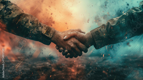 close-up, military men shake hands dirty in the ground, handshake, abstract military background photo