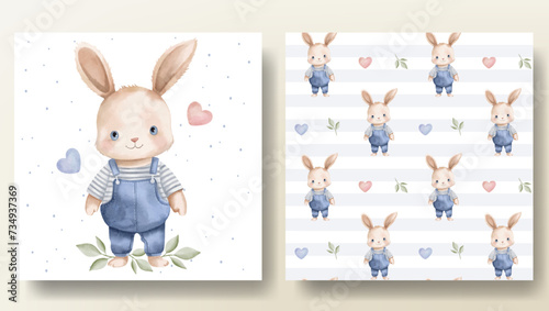 Set of card and seamless pattern with watercolor rabbit and hearts. Springtime template. Cute childish print.