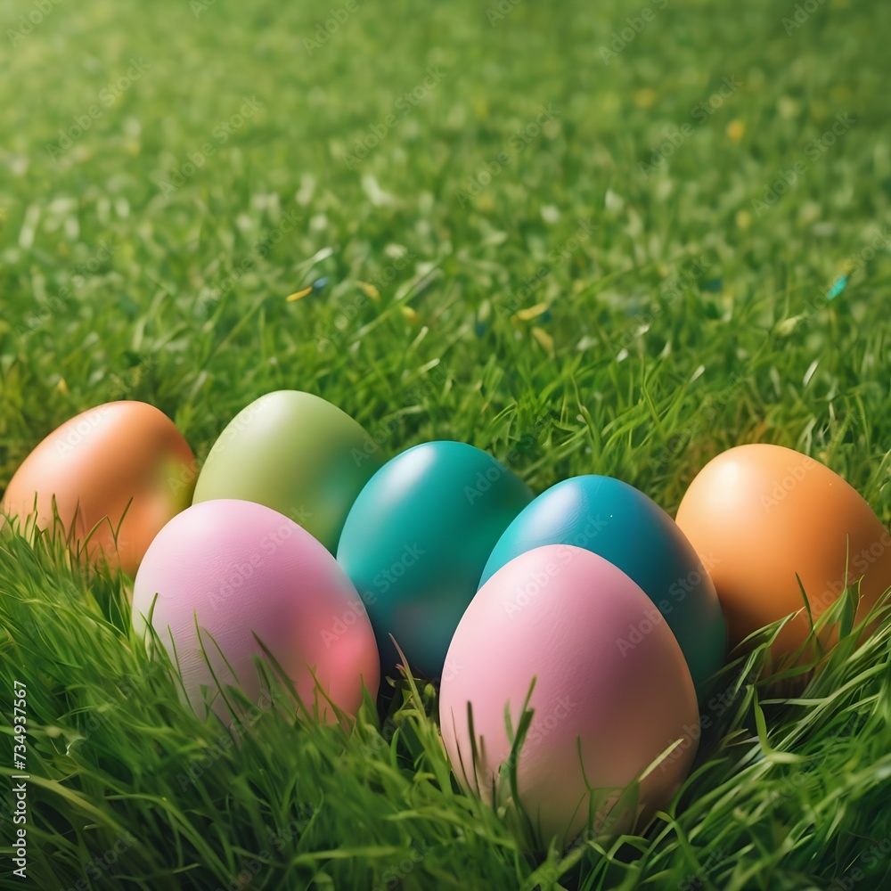 Row of Easter eggs in Fresh Green Grass