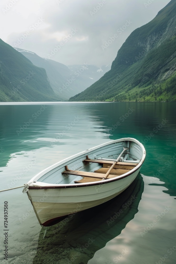 A lonely boat floats on the sea in the fjords of Norway