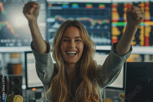 Happy woman trading stocks when the price goes up for stock trading. AI Generated photo