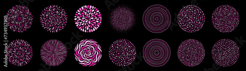 Round graphic elements collection. Circle shapes made of uneven dots, hand drawn stripes, splashes, drops, squiggles, blobs, wavy lines, doodles. Frame templates bundle, dotted backgrounds set.