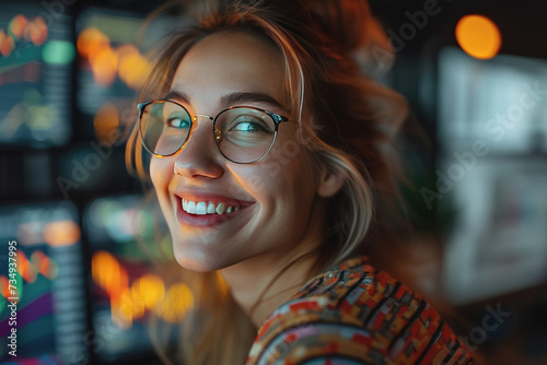 Happy woman trading stocks when the price goes up for stock trading. AI Generated