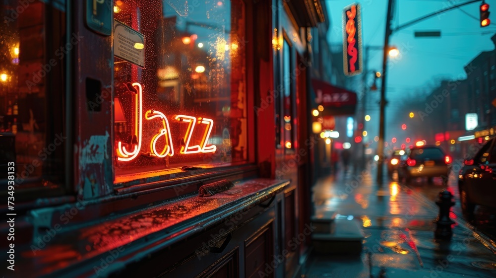 jazz bar window at the evening lights