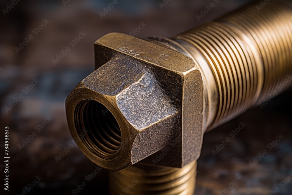 A detailed macro shot of a brass elbow joint, highlighting the intricate craftsmanship and industrial strength in a rustic setting A detailed macro shot of a brass elbow joint, highlighting the intricate craftsmanship and industrial strength in a rustic setting