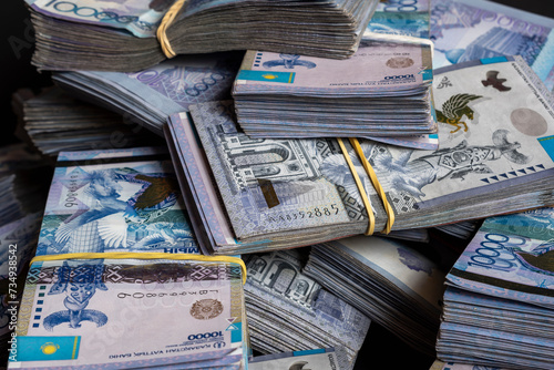 Kazakh Tenge money packs. KZT banknote bundle stacks. A lot Tenge money banknotes. Money prize reward. Financial crime proof. Corruption in Kazakhstan concept. 13.02.2024 Almaty, Kazakhstan