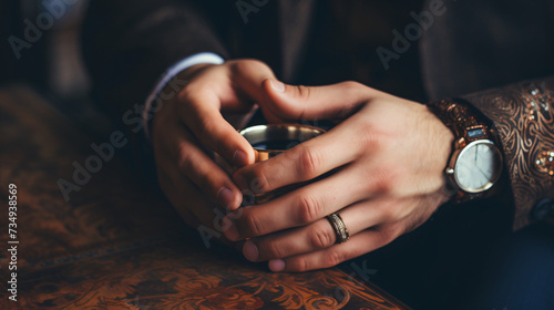 Close-up of men's hands with wedding ring.