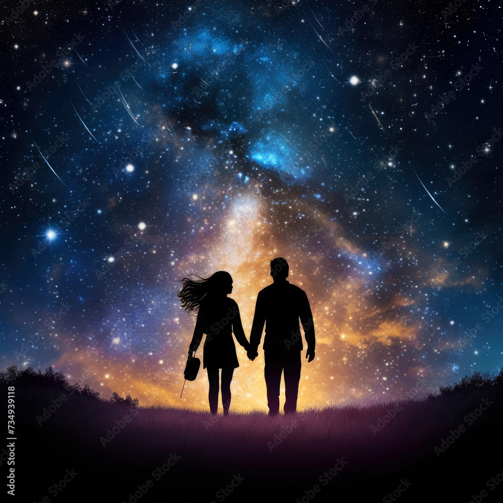 Silhouette of a man and a woman holding hands and walking towards the universe, the cosmos.