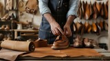 A cobbler customizes various roles using natural brown leather and works with textiles in the workshop