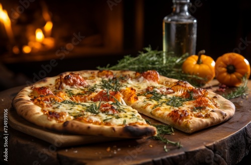 a pizza sitting on a wooden board in front of a fireplace