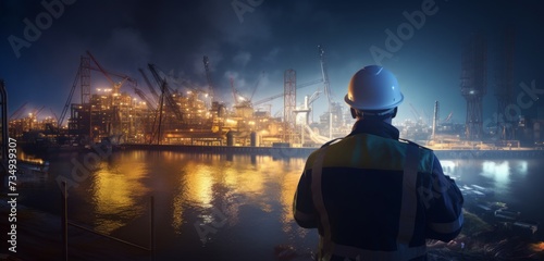 A Construction Worker Observing Industrial Site Lights in the Background