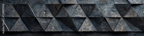 A wall with a slate texture, comprising 3D triangular panels in black.