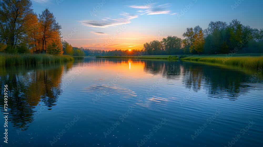 An image of a serene lake at sunset, where the undisturbed water reflects the warm hues of the sky, creating a peaceful and calming scene.