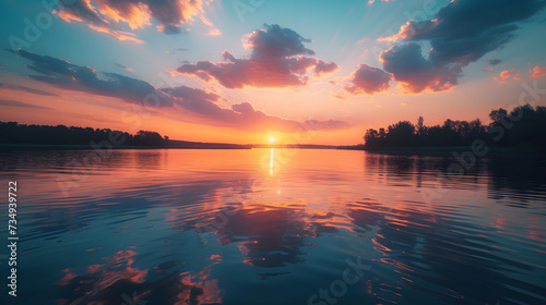 An image of a serene lake at sunset, where the undisturbed water reflects the warm hues of the sky, creating a peaceful and calming scene. photo
