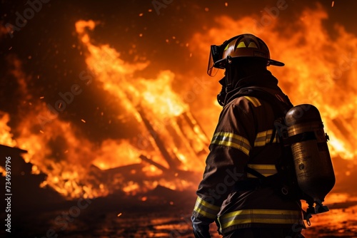 Natures defense Firefighter battles a blaze in a burning forest