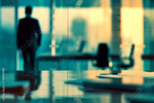 Office space with a silhouette of a businessman, business background