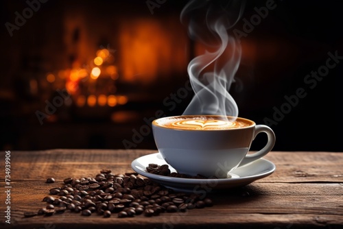 Warm brew Coffee cup emits steam on wooden table backdrop