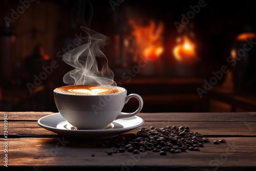 Warm brew Coffee cup emits steam on wooden table backdrop