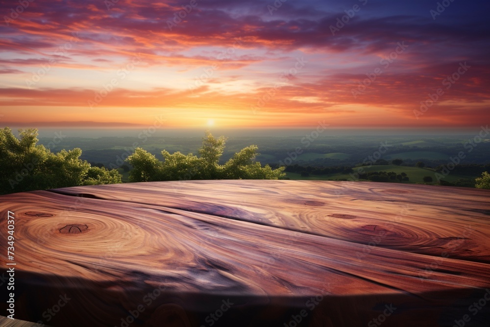 Naklejka premium Natures canvas Wooden table ready for product display at sunset
