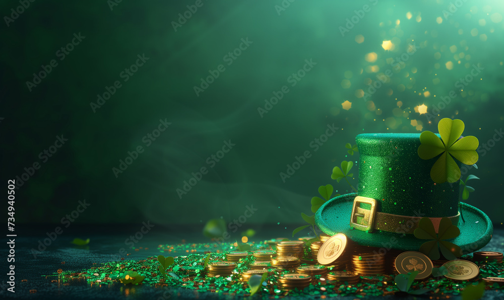 Banner with shiny green hat, gold coins and clover leaves. St. Patrick's Day concept, Generative AI - obrazy, fototapety, plakaty 