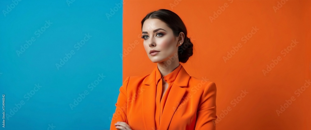 Vibrant color contrast defines this modern and stylish portrait. An elegant figure in an orange blazer stands against a dual-toned backdrop Vibrant color contrast defines this modern and stylish portrait. An elegant figure in an orange blazer stands against a dual-toned backdrop