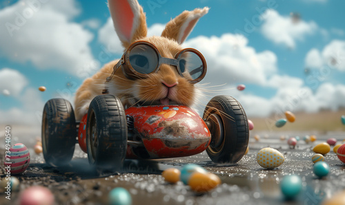 Easter bunny with goggles in a racing red car, easter funny concept
