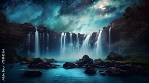 A photo of a waterfall with a starry night background mist rising from the cascade   Fantasy beautiful futuristic landscape with a waterfall. Neural network 