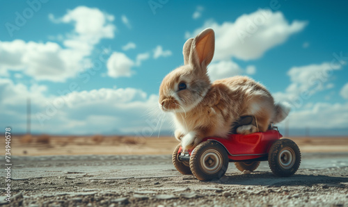 Easter bunny with goggles in a racing red car, easter funny concept photo