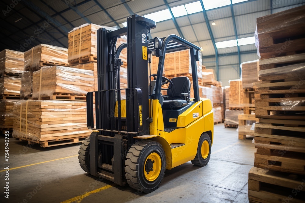 A Close-Up View of the Sturdy Steel Forks of a Yellow Industrial Forklift, Parked in a Warehouse with Pallets and Boxes in the Background