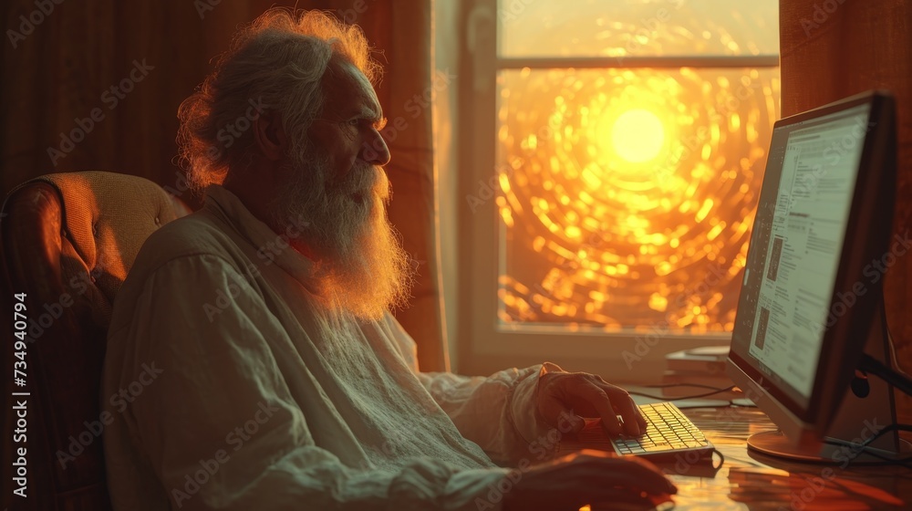 Portrait of an elderly man working at home at a computer near the window at sunset. The concept of a freelancer