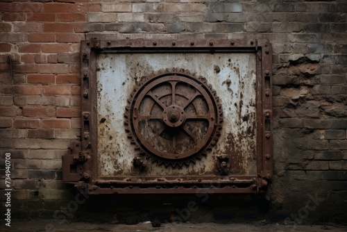 A Rustic Metal Plate, Weathered by Time, Sits Against an Industrial Backdrop of Aged Machinery and Faded Brick Walls