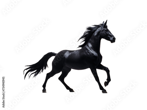 a black horse with long mane running