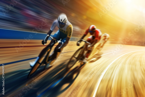 AI Generated Image Motion blurred Athletic men in track cycling at full speed photo