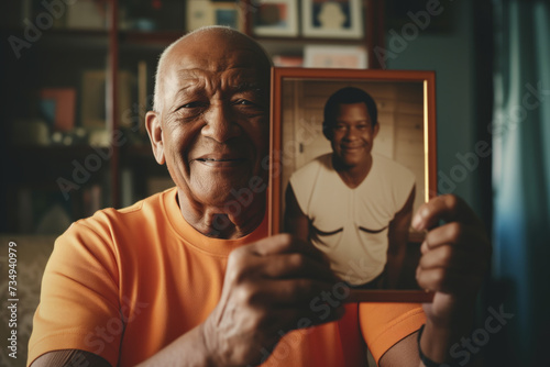 AI Generated Image Smiling senior black sportsman holding old photograph with an image where he is young champion photo