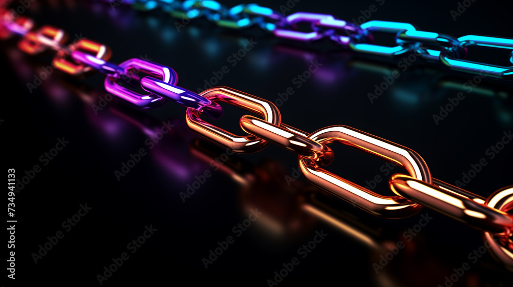 team of diverse people connected for purpose concept with multi color metal chain links on black background, united team work strength, abstract wallpaper, unity