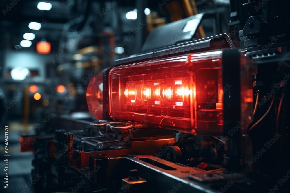Close-up of a glowing red indicator light on a complex industrial machinery, set against the backdrop of a busy factory floor filled with various equipment - obrazy, fototapety, plakaty 