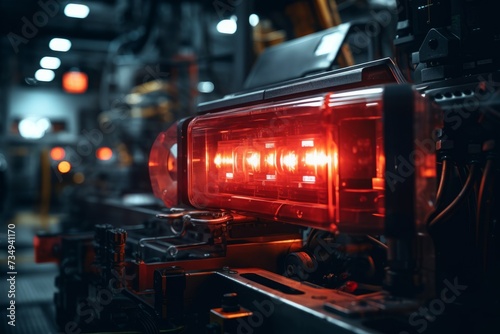 Close-up of a glowing red indicator light on a complex industrial machinery, set against the backdrop of a busy factory floor filled with various equipment