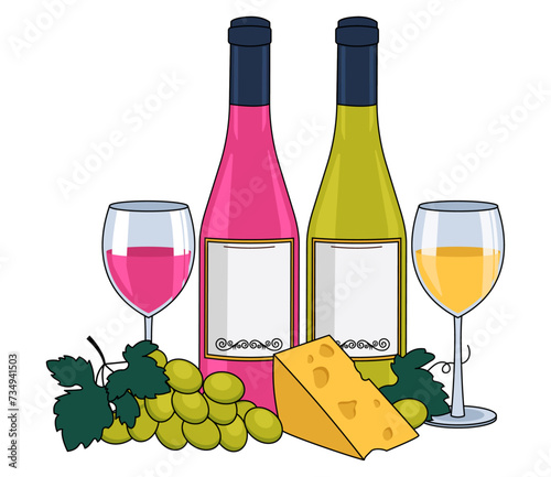 Bottle of rose wine and a bottle of white wine, wine in glasses, cheese and grapes. With an outline. Vector graphic.