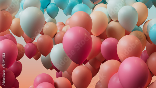 Colorful Party Background, with Coral, Pink and Turquoise Balloons. 3D Render. photo