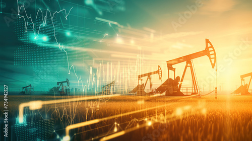 Oil pumpjacks and energy market dynamics at sunset Generative AI image photo