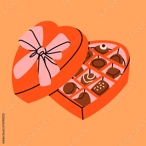 Chocolate candies in heart shaped box. Candies, sweets in box. Tasty cocoa products. Hand drawn trendy Vector illustration. Sweet, delicious dessert. Isolated design element. Present, gift concept